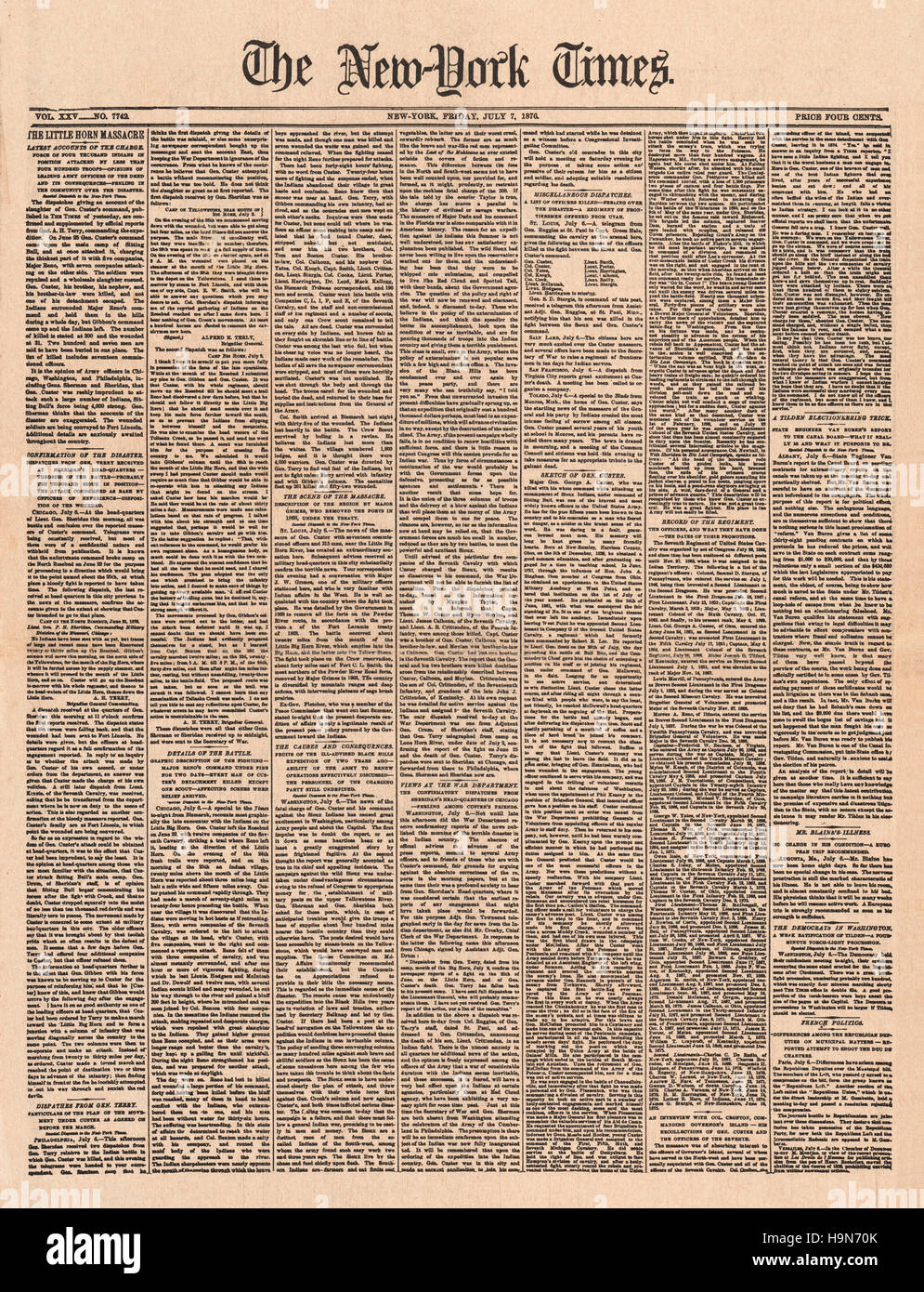 1876 New York Times Battle of Little Bighorn Stock Photo