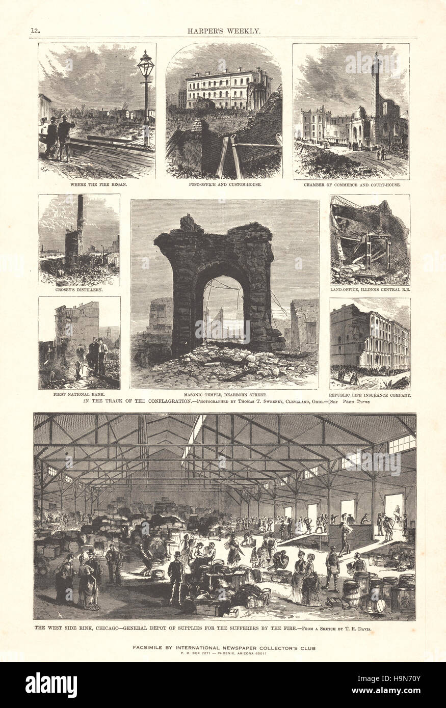1871 Harper's Weekly back page Great Chicago Fire Stock Photo
