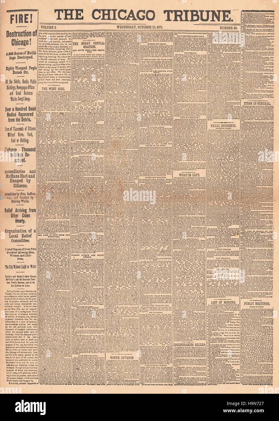 1871 Chicago Tribune front page Great Chicago Fire Stock Photo