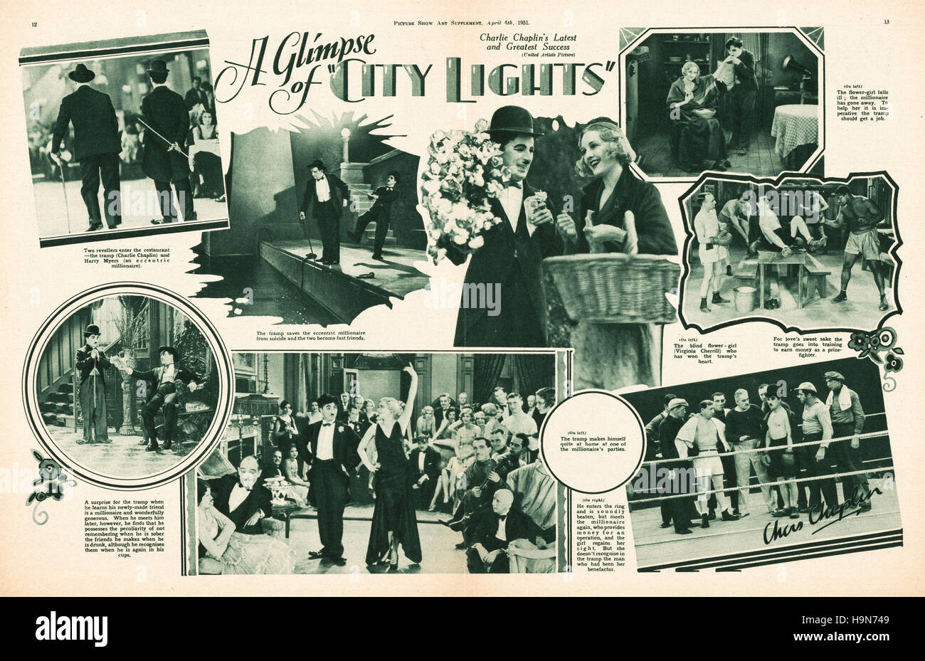 1931 Picture Show centre page Charlie Chaplin and Virginia Cherrill in 'City Lights' Stock Photo