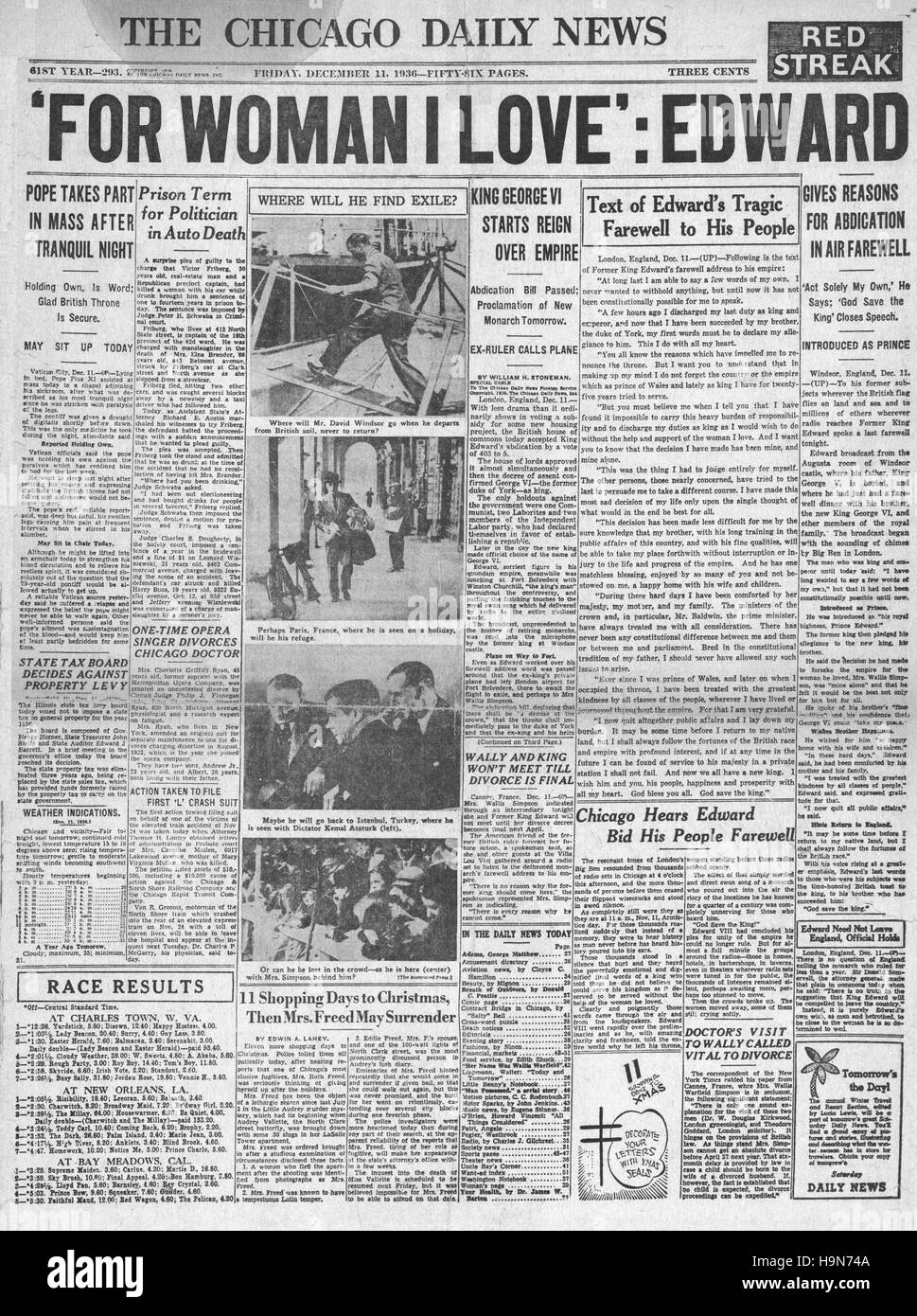 1936 Chicago Daily Tribune front page reporting abdication of King Edward VIII and proclamation of King George VI Stock Photo