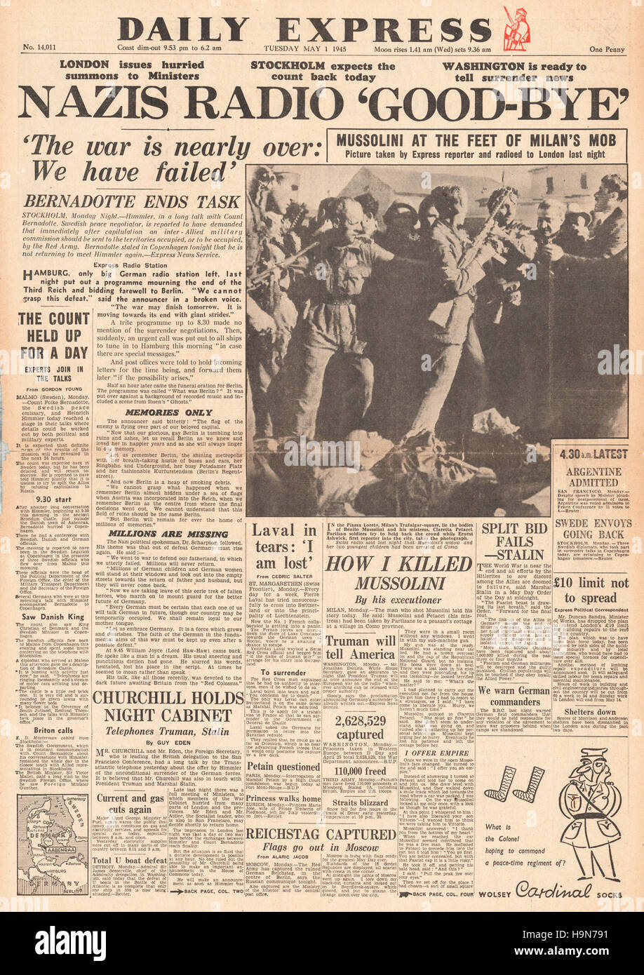 1945 Daily Express front page reporting  German Radio Concedes Defeat, Count Bernadotte makes Peace Negotiations and Mussolini's Body on Display in Milan Stock Photo
