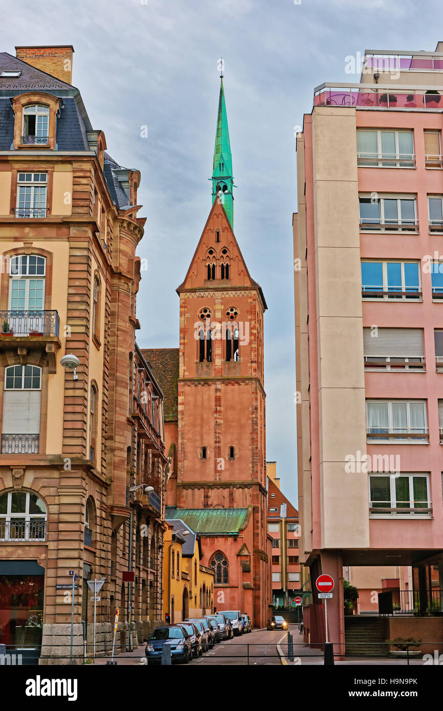 Young Saint Peter Church, or Saint-Pierre-le-Jeune Protestant Church at Quai Kellermann Quay in the city center of Strasbourg in Grand East region of  Stock Photo