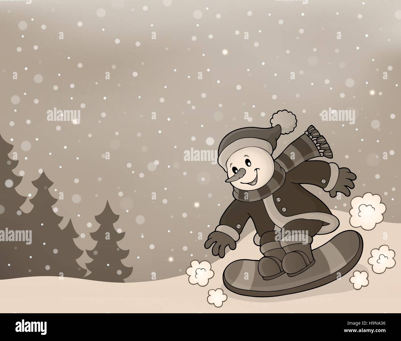 Stylized image with snowman on snowboard - eps10 vector illustration ...