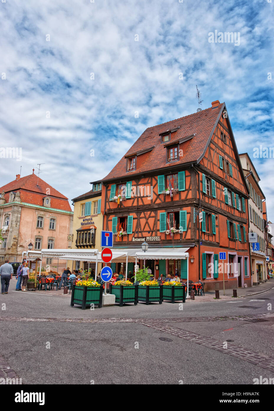 Colmar, France - May 1, 2012: Pfeffel restaurant in half timbered style on Unterlinden Street in the Old city center of Colmar, Haut Rhin in Alsace, F Stock Photo
