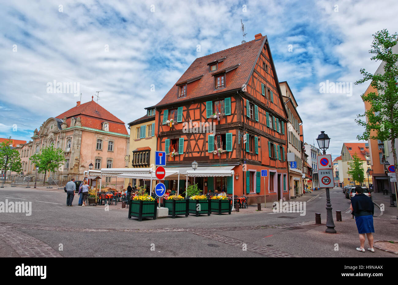 Colmar, France - May 1, 2012: Pfeffel restaurant in half timbered style on Unterlinden Street in the Old city center of Colmar, Haut Rhin in Alsace, i Stock Photo