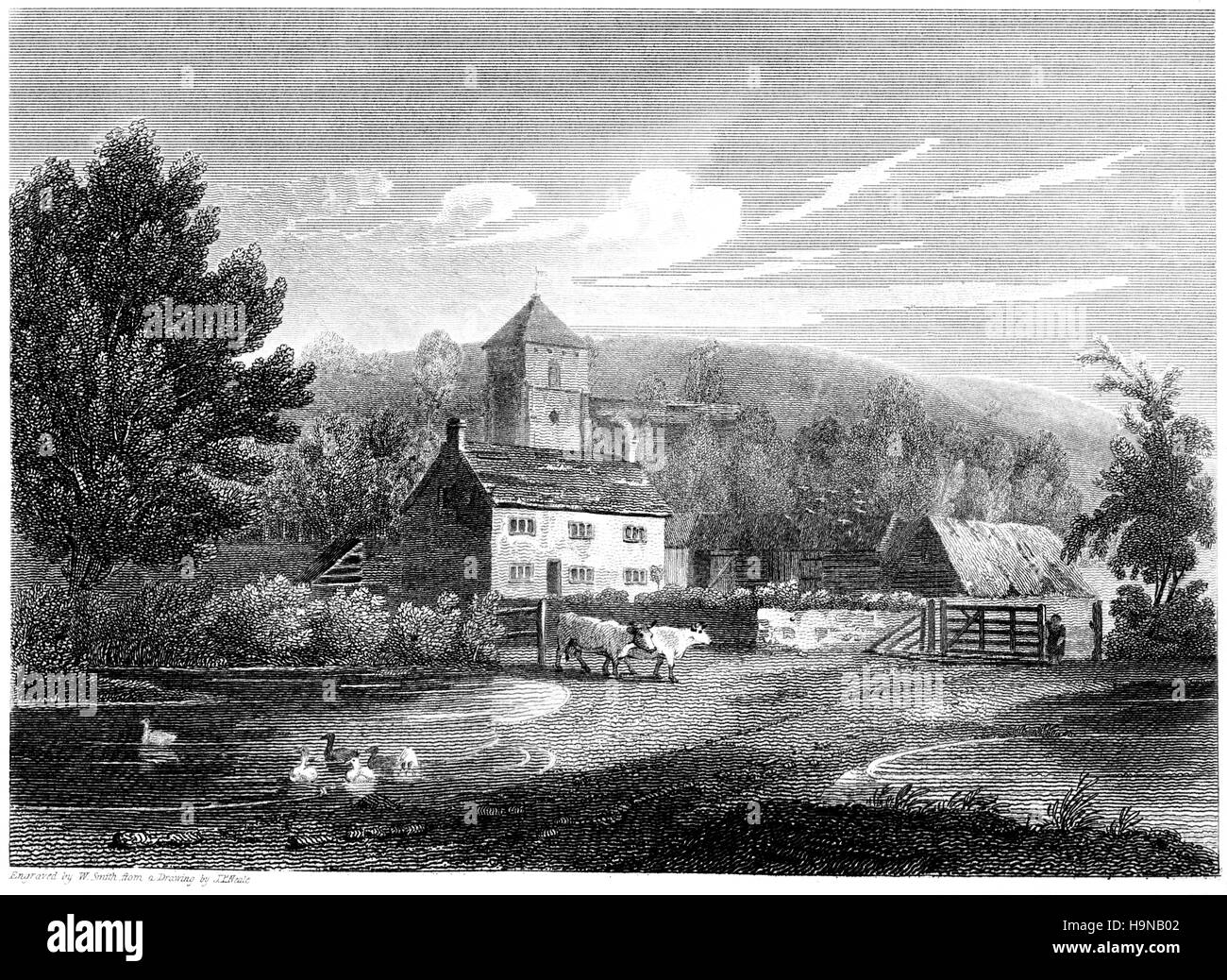 An engraving of New Radnor, Radnorshire scanned at high resolution from a book printed in 1812. Believed copyright free. Stock Photo