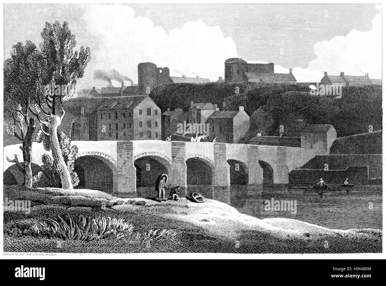 An engraving of Caermarthen (Carmarthen) Wales UK scanned at high resolution from a book printed in 1812. Believed copyright free. Stock Photo