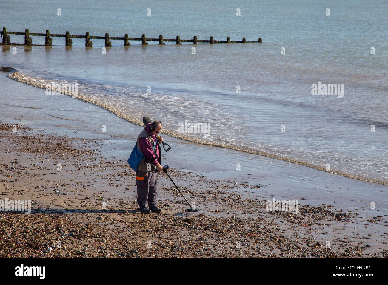 Man using metal detector on pebble beach, Littlehampton, West Sussex Stock Photo Alamy