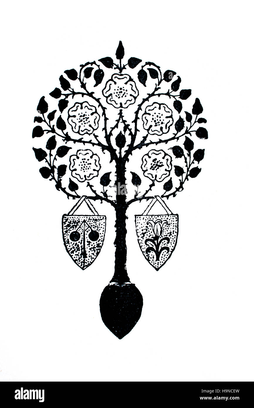 Tree motif design with Tudor roses and heraldic shields decoration, frontispiece from 1909 Studio Magazine Stock Photo