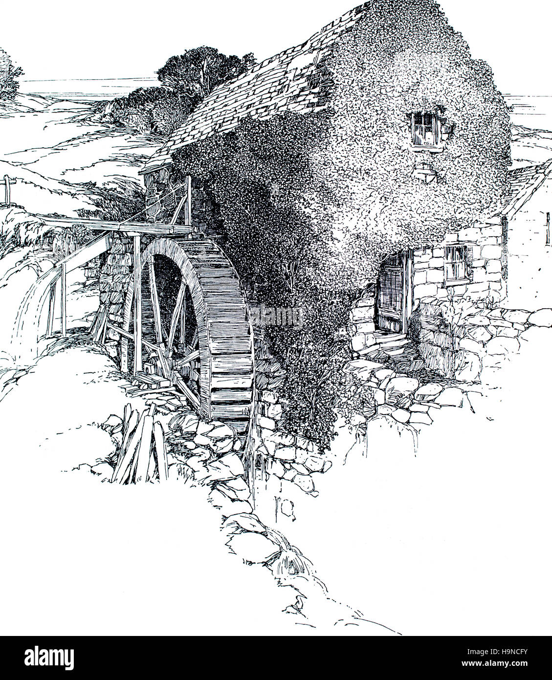Historic ivy covered water mill, line architectural illustration, 1909 Studio Magazine Stock Photo