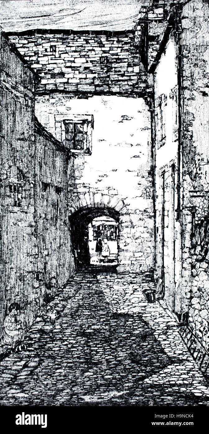 Cannon’s Close, Kirkcudbright, halftone monochrome illustration  by Jessie M King from 1909 Studio Magazine Stock Photo