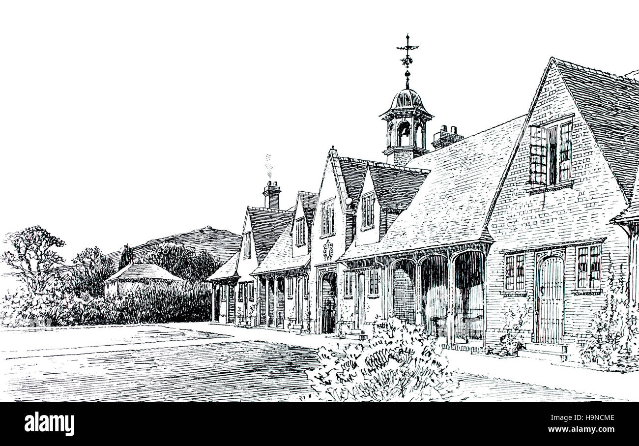 Cottage Homes, Churchill, Somerset, Wesleyan almshouses by architects Silcock and Reay, line drawing by T Raffles Davison Stock Photo