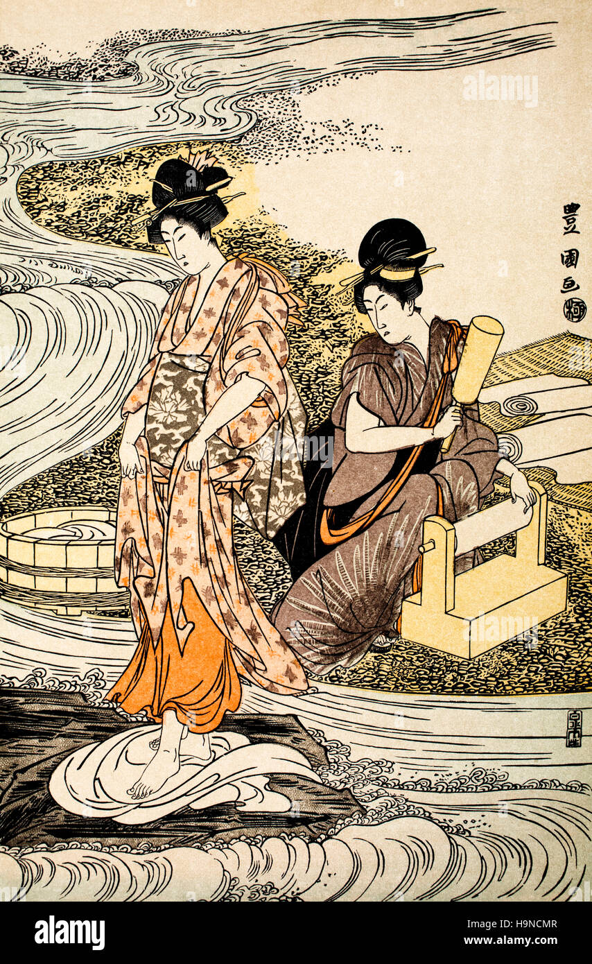 Washing Linen, colour chromo xylograph by Toyokuni, Japanese art, illustration from 1909 Studio Magazine Stock Photo