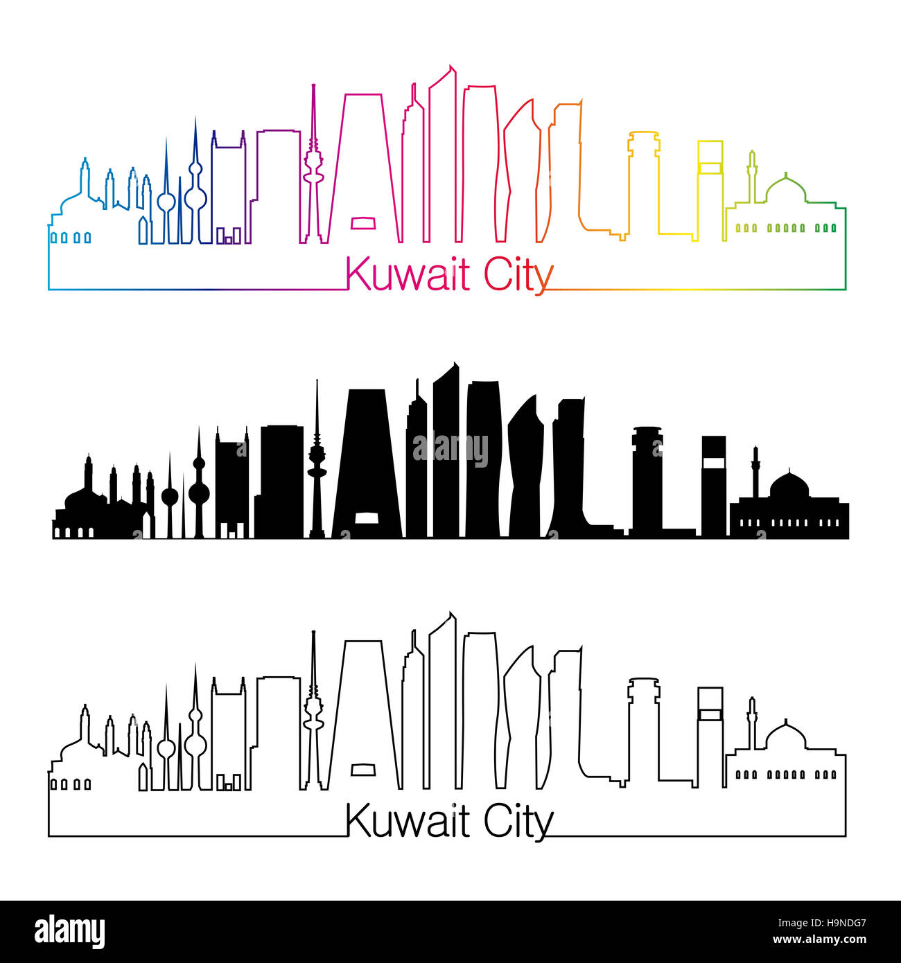Kuwait City skyline linear style with rainbow in editable vector file ...