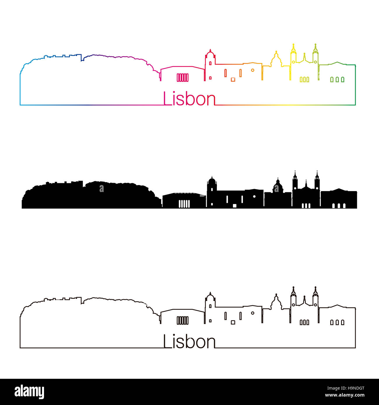 Lisbon V2 skyline linear style with rainbow in editable vector file Stock Photo