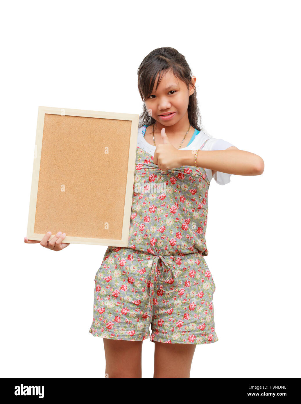 Asian thailand girl smile holding blank board, isolated on white background with copy space. Board with blank can add your text or others. clipping pa Stock Photo