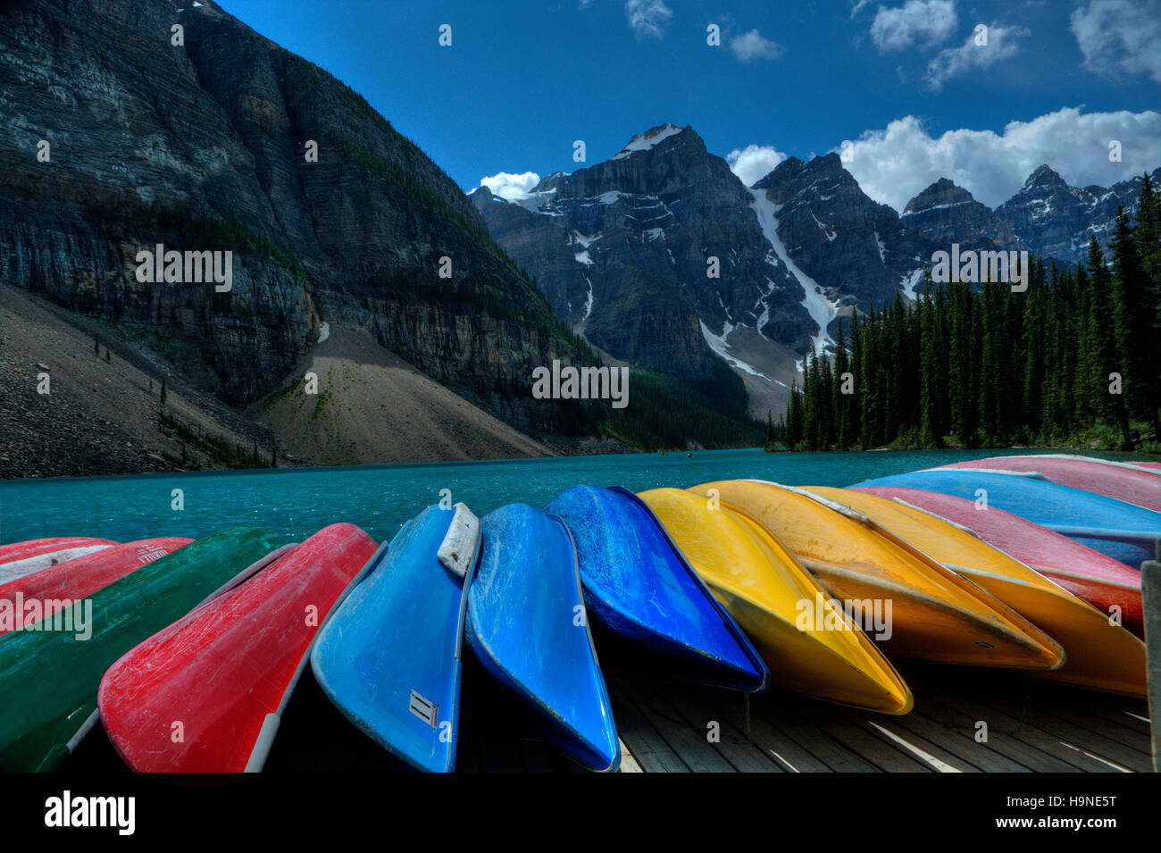 Canoes at Moraine Lake, Banff National Park, Alberta, Canada Stock Photo
