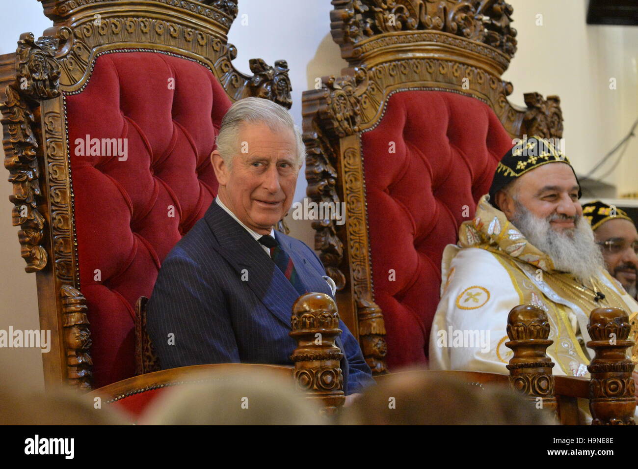The Prince of Wales sits next to Patriarch Ignatius Aphrem during the consecration of the new St Thomas Cathedral, Syriac Orthodox Church, in west London. Stock Photo