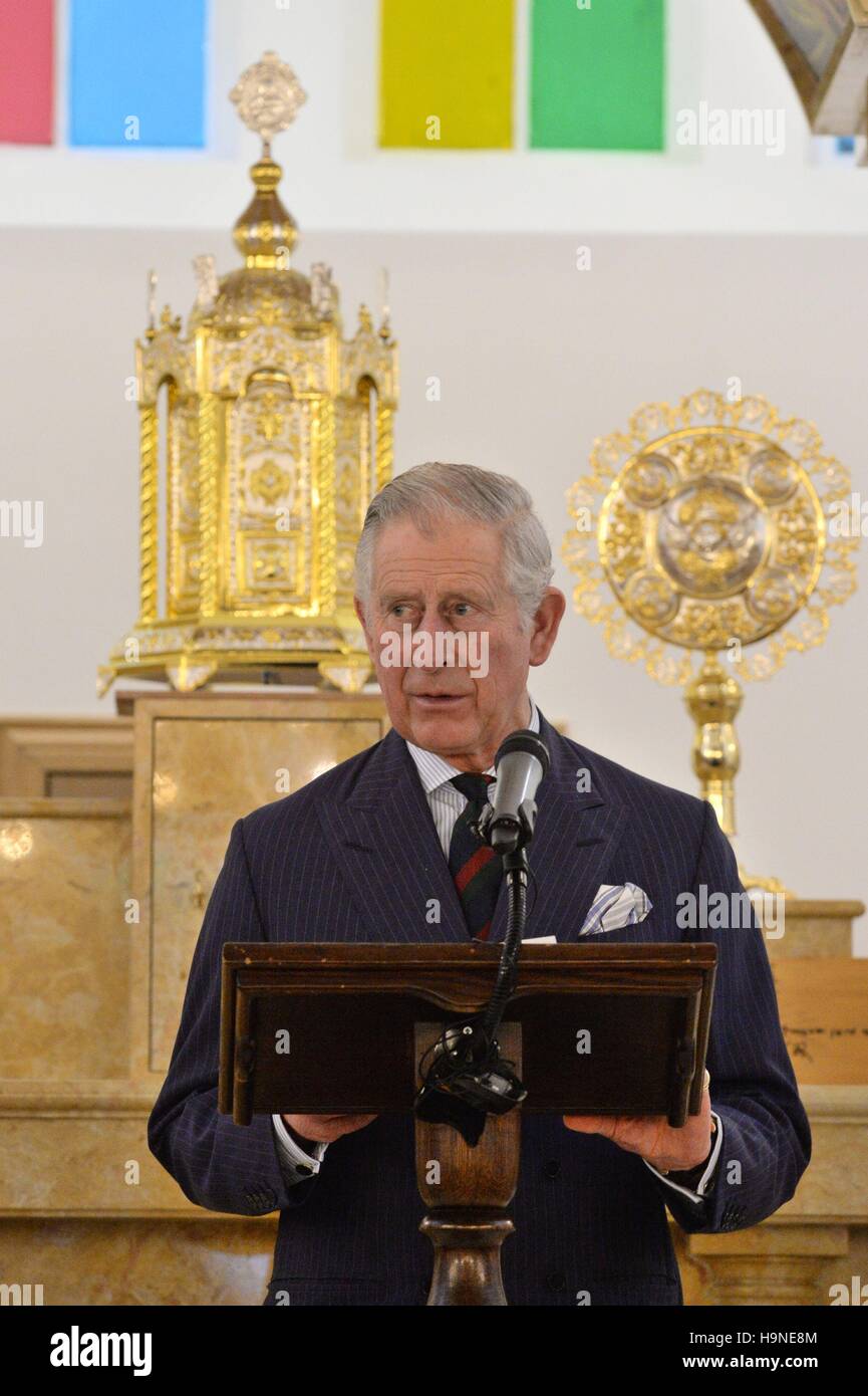 The Prince of Wales reads from a lectern during the consecration of the new St Thomas Cathedral, Syriac Orthodox Church, in west London. Stock Photo