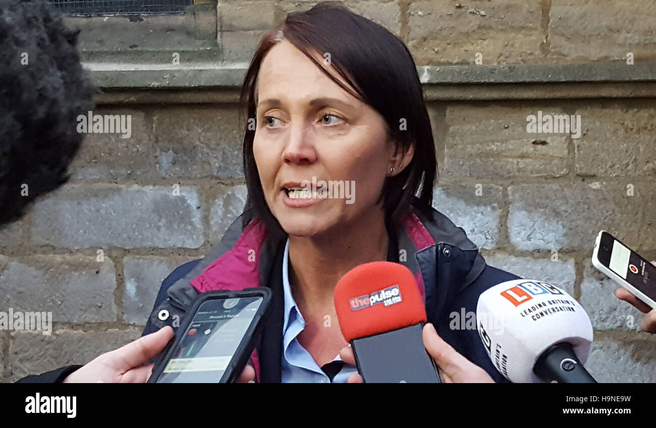 Detective Chief Inspector Nicola Bryar, of West Yorkshire Police speaking to the media outside St Peters Church, Bramley, Leeds, where a newborn baby was found and pronounced dead soon after. Stock Photo