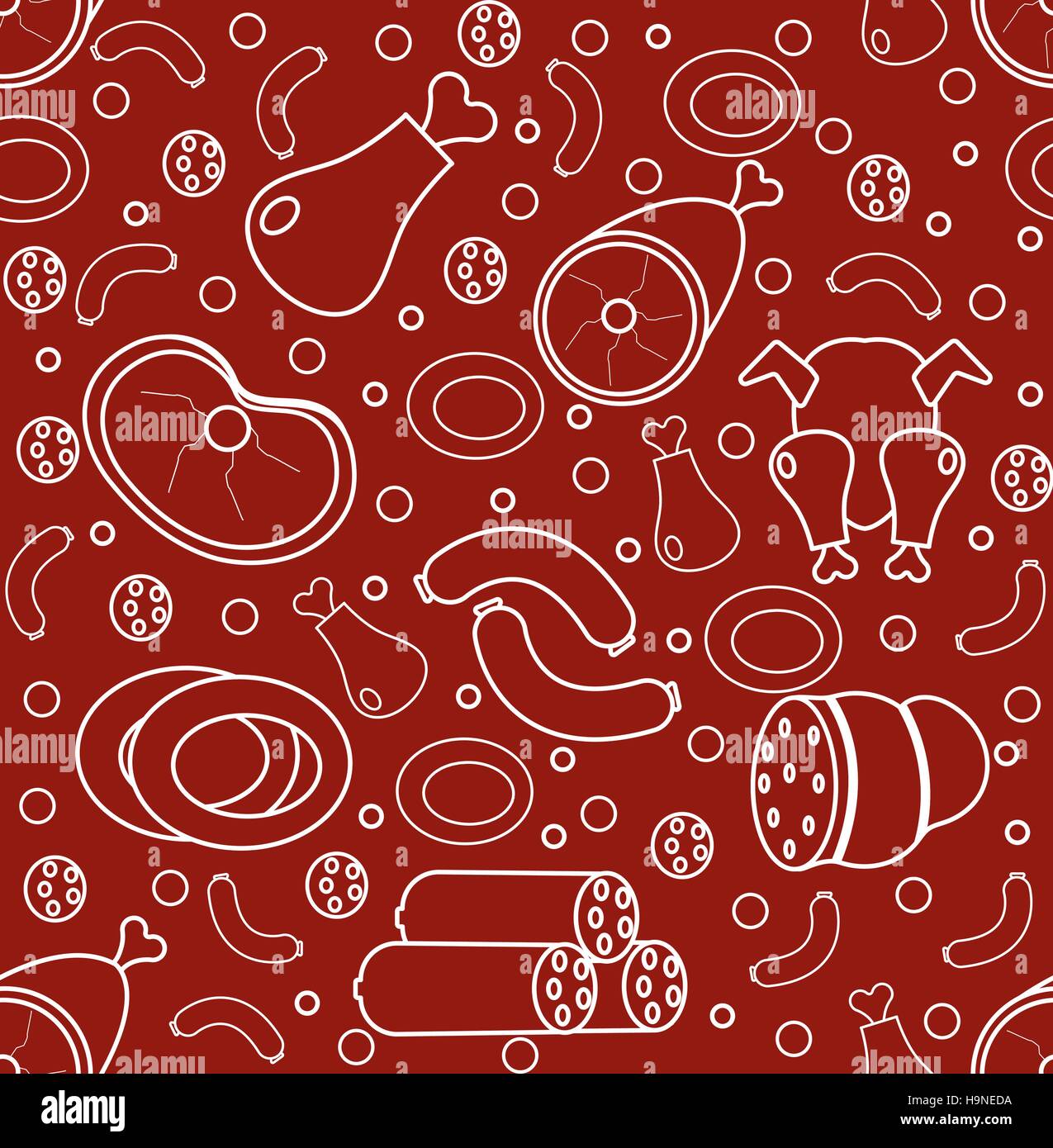 Meat products seamless pattern, modern line, doodle, sketch style. Meats and sausage endless background, texture. Vector illustration Stock Vector