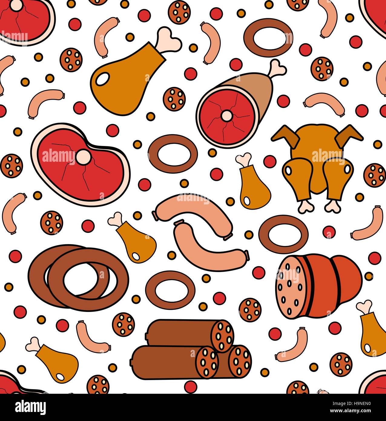 Meat products seamless pattern, modern line, doodle, sketch style. Meats and sausage endless background, texture. Vector illustration Stock Vector