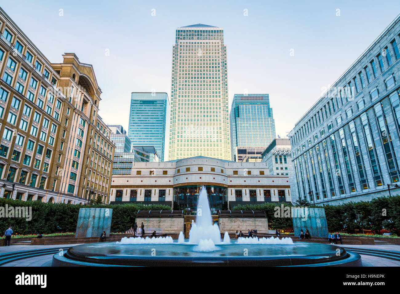 View of office buildings in Canary Wharf, financial district of London ...