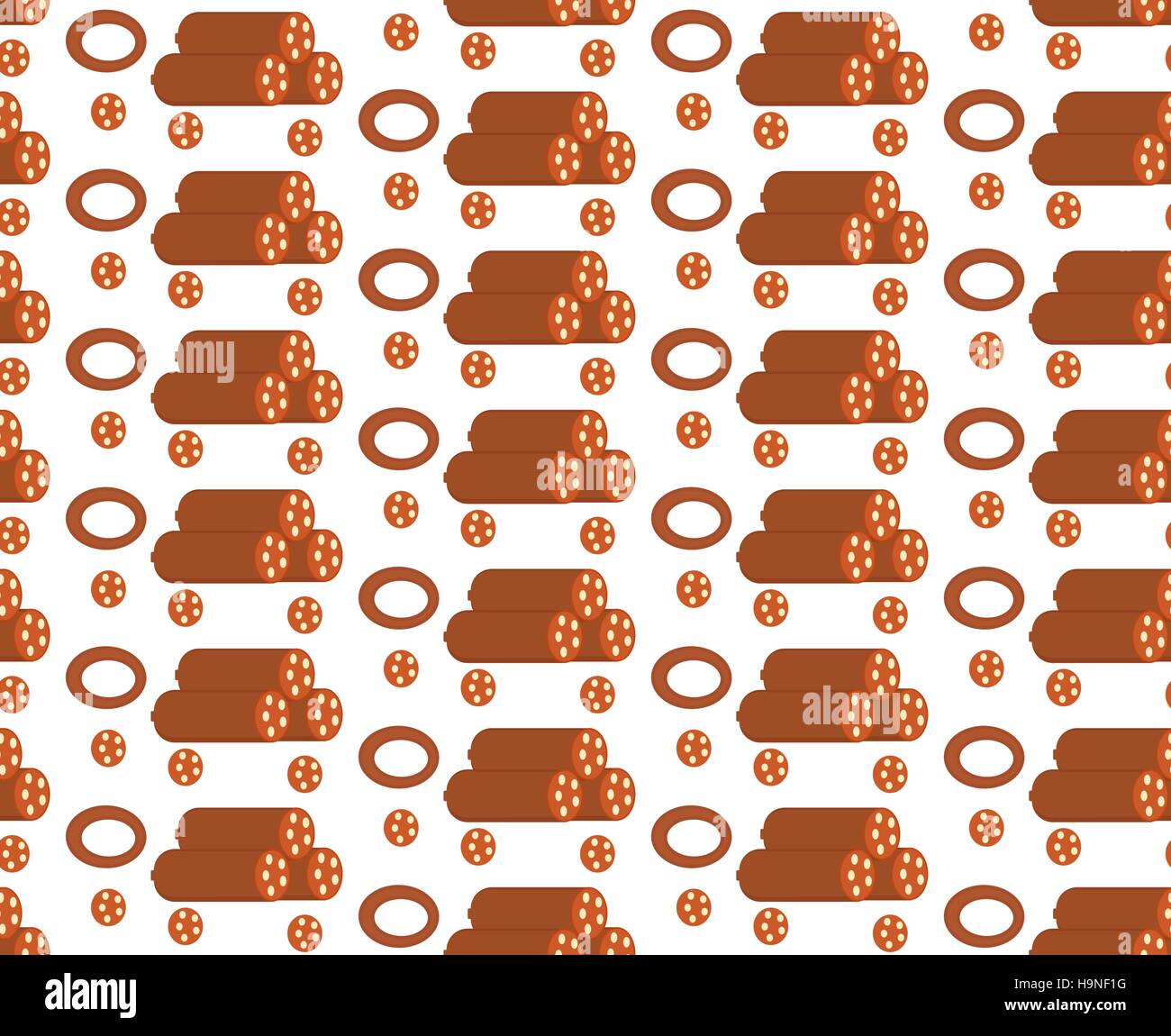 Salami seamless pattern, flat style. Sausage endless background, texture. Vector illustration. Stock Vector