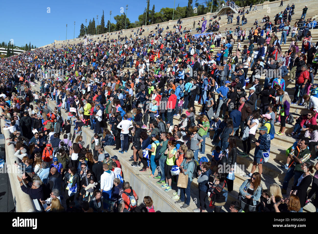 Panathenean stadium in Athens, Greece, full of people during 34th 2016 Classic Marathon race Stock Photo