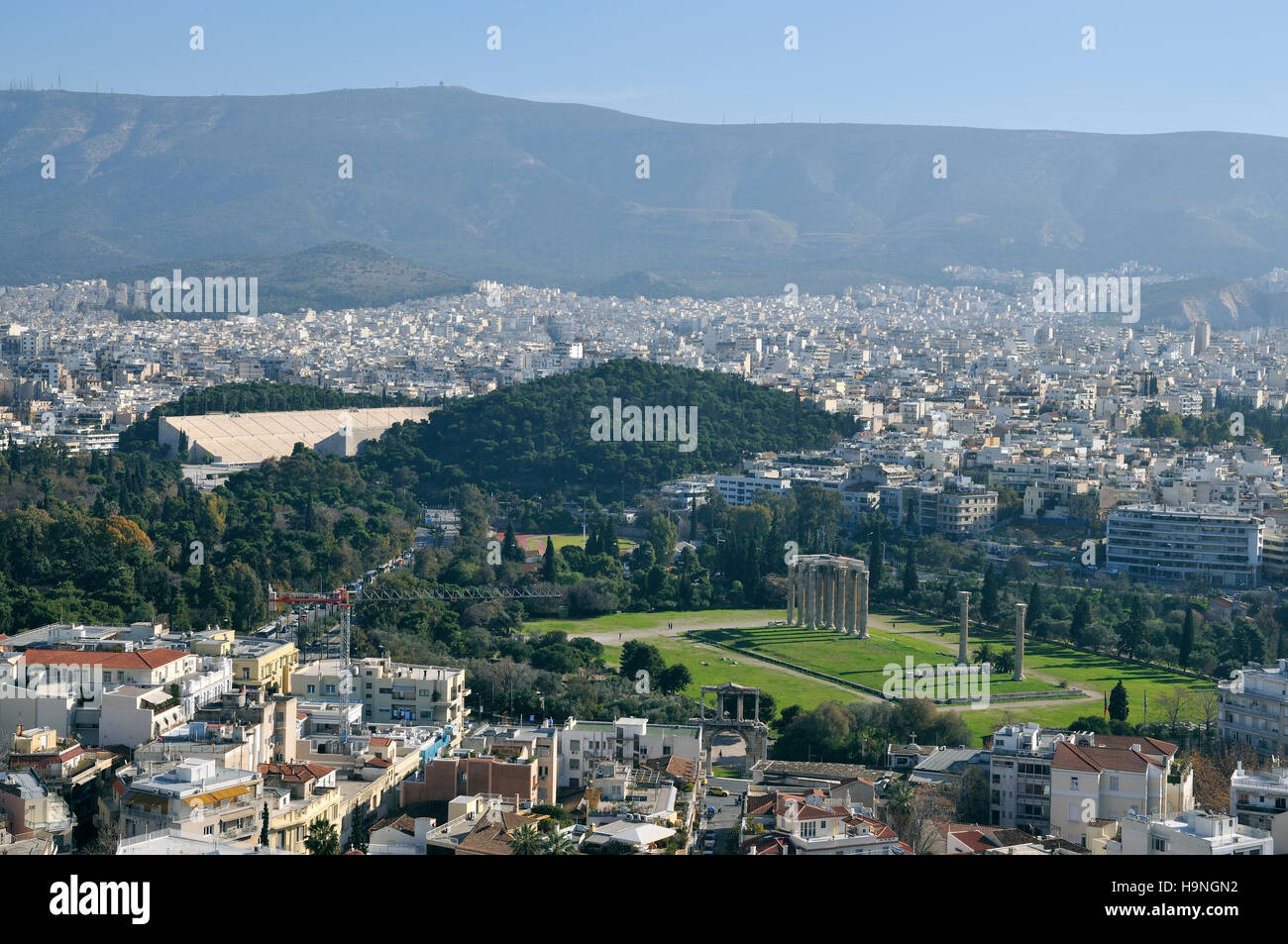 View of the temple of Olympian Zeus and Panathenean stadium from Acropolis in Athens, Greece Stock Photo