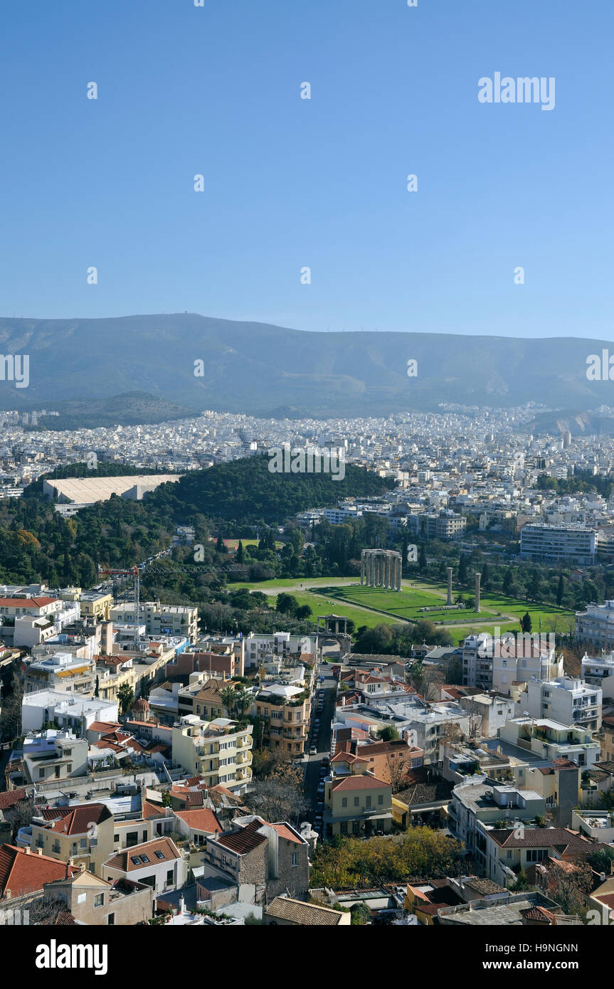 View of the temple of Olympian Zeus and Panathenean stadium from Acropolis in Athens, Greece Stock Photo