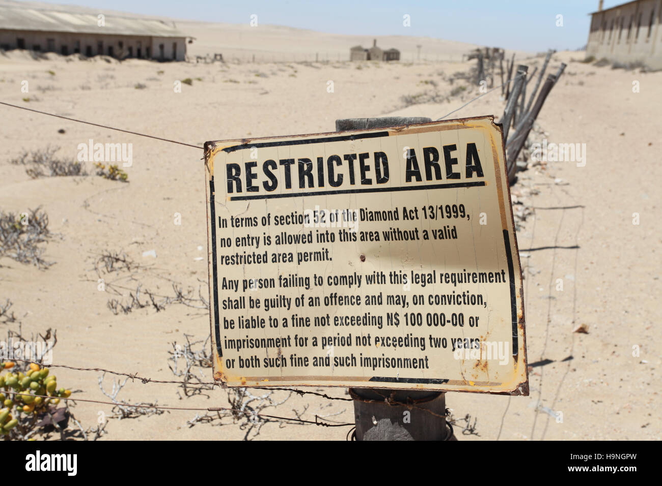 Restricted area sign at the Sperrgebiet diamond mine in Namibia where tourists visit the ghost town of Kolmanskop Stock Photo