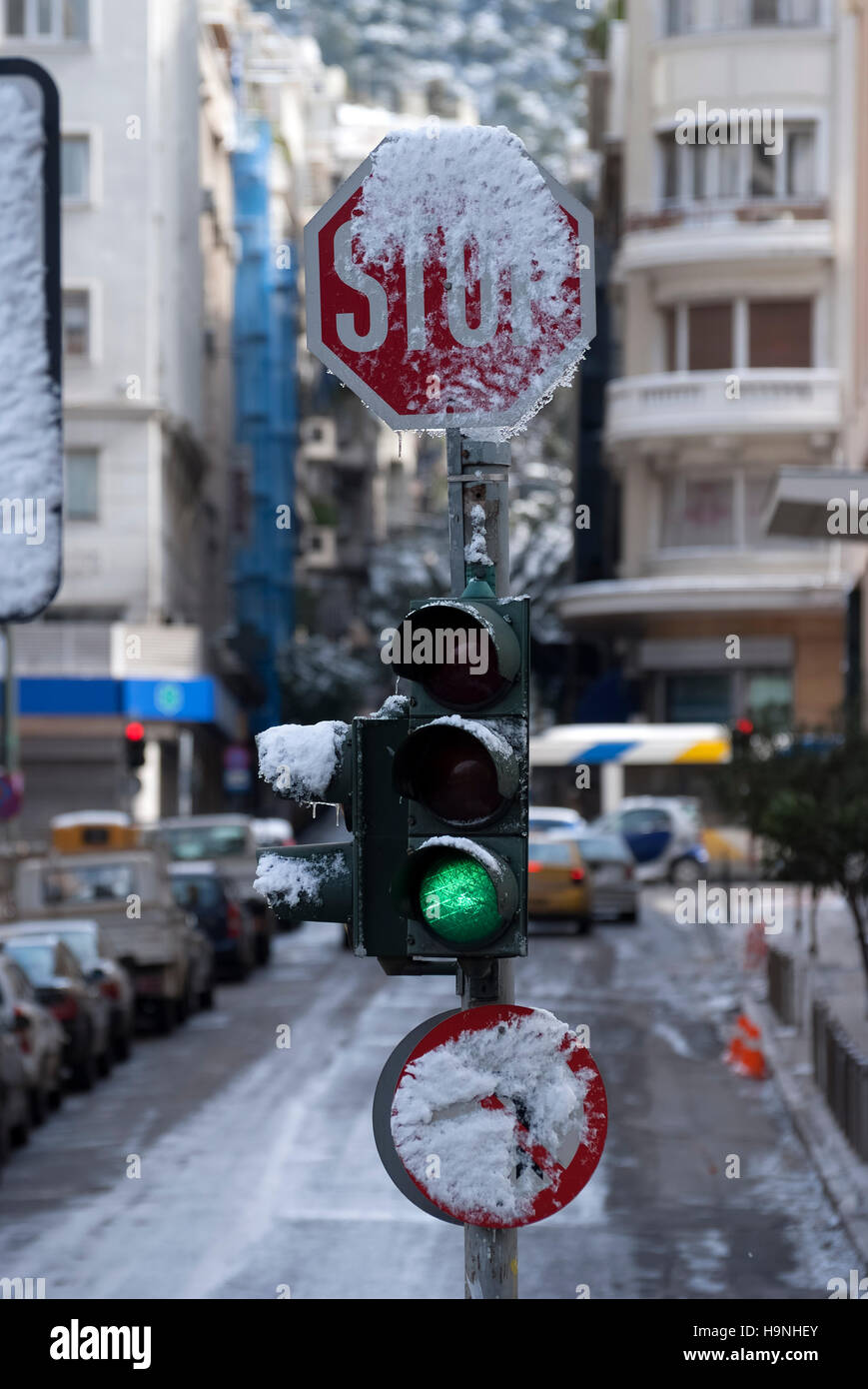 Traffic lights with snow in Athens, Greece Stock Photo Alamy