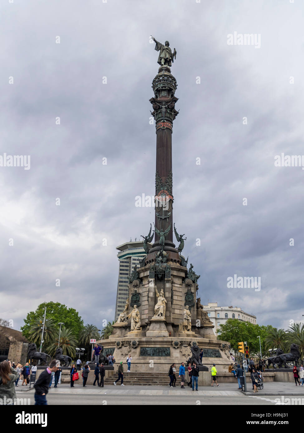 Statue of Christopher Columbus on top of a column in Barcelona, Catalonia, Spain, on a cloudy day. Stock Photo