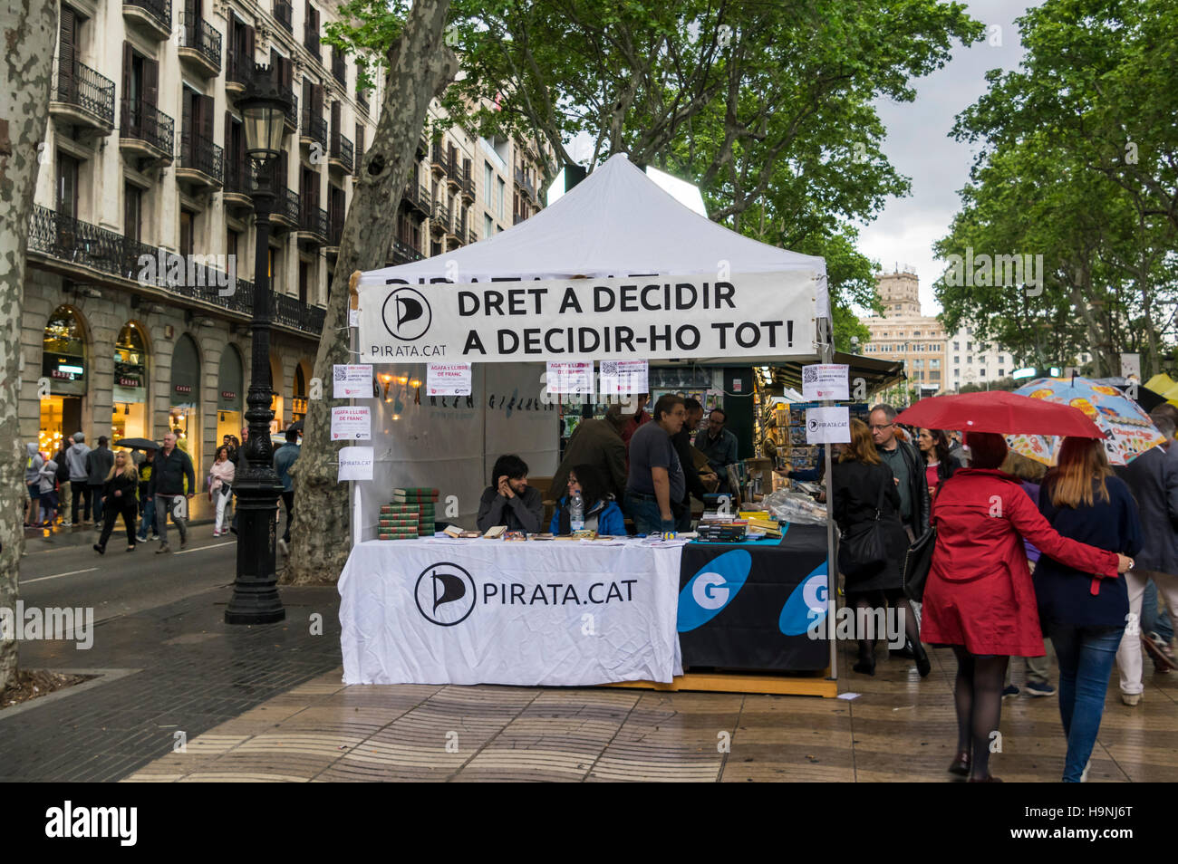 Booth of the Pirate Party of Catalonia in Barcelona, Spain. Stock Photo