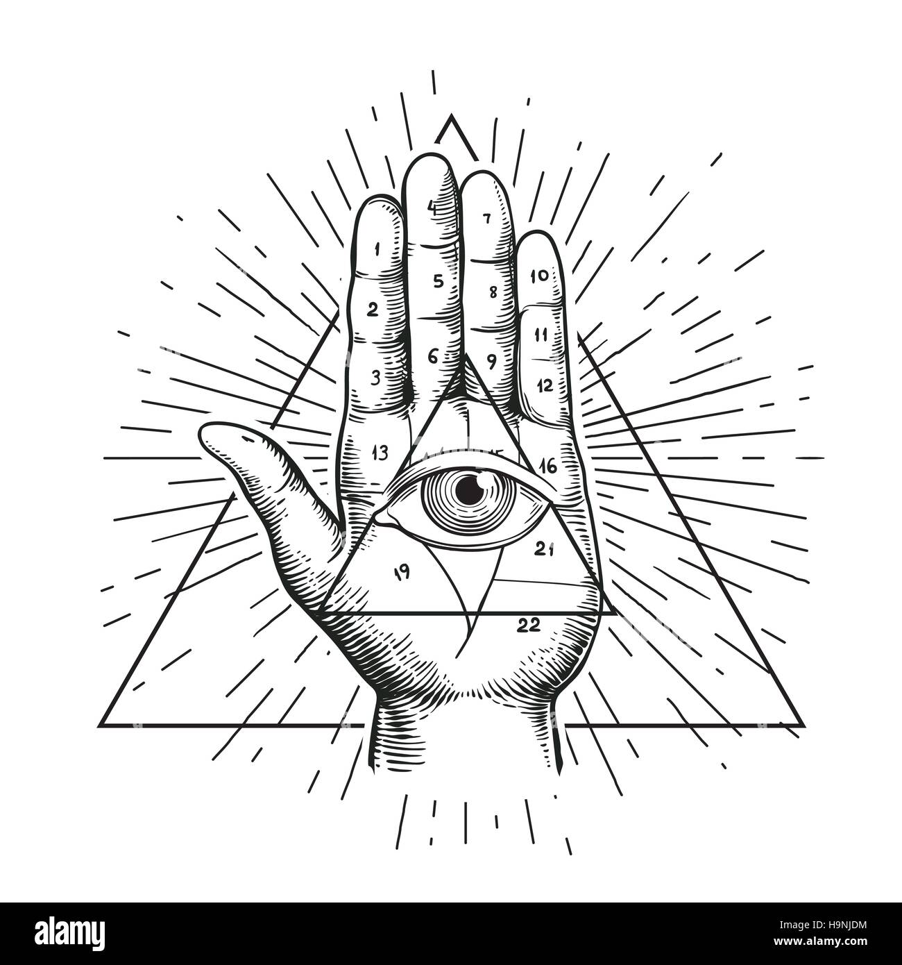 Hipster illustration with sunburst, hand, and all seeing eye symbol nside triangle pyramid. Eye of Providence. Masonic symbol. Grunge Esoteric spiritu Stock Vector