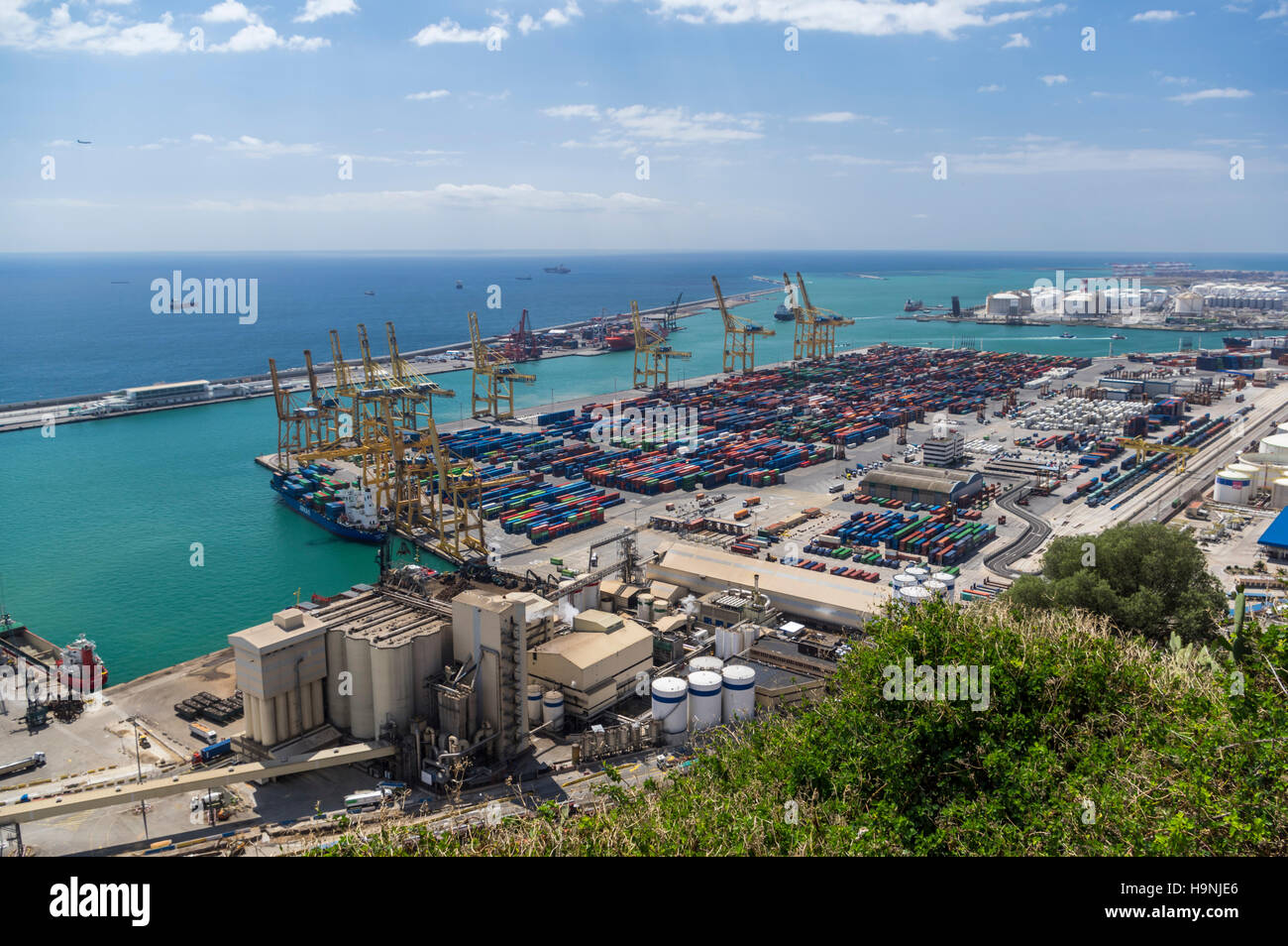 View of the container terminal of the port of Barcelona, Catalonia, Spain, from above. Stock Photo