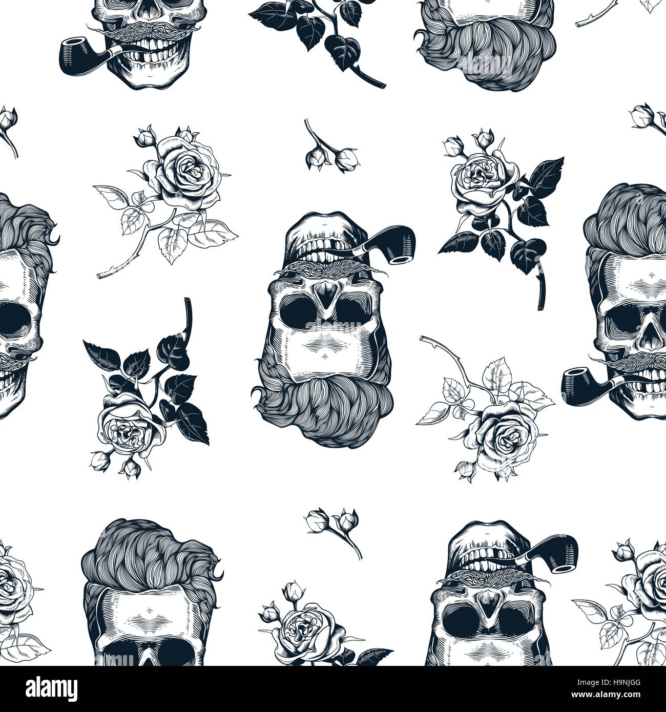 Hipster seamless pattern with skull silhouettes, flowers roses and watercolor stripes at the background. Skull silhouette in engraving style with must Stock Vector