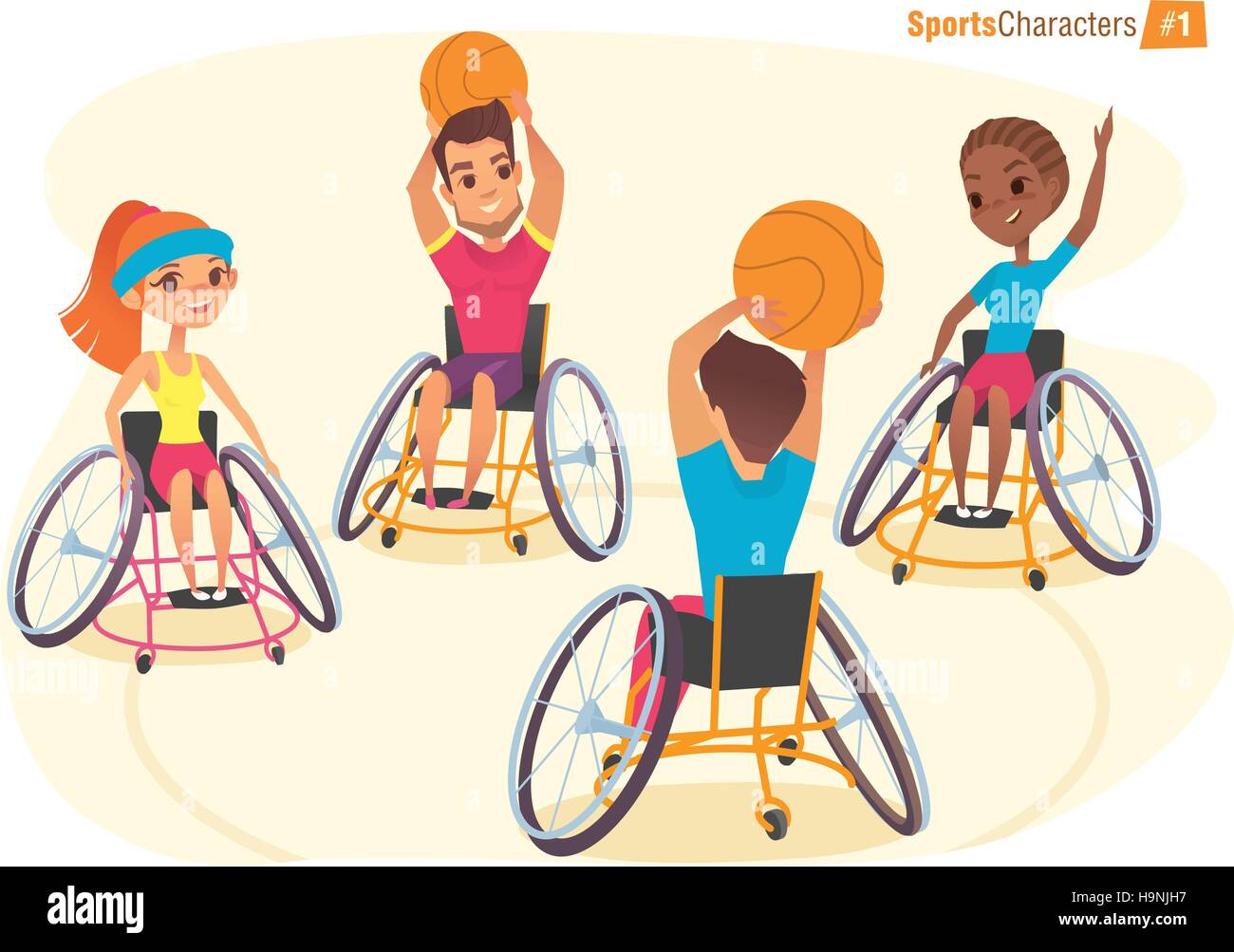 Handisport characters. Boys and girls in wheelchairs playing ball Handicap First-person view. Medical rehabilitation Illustration. Stock Vector