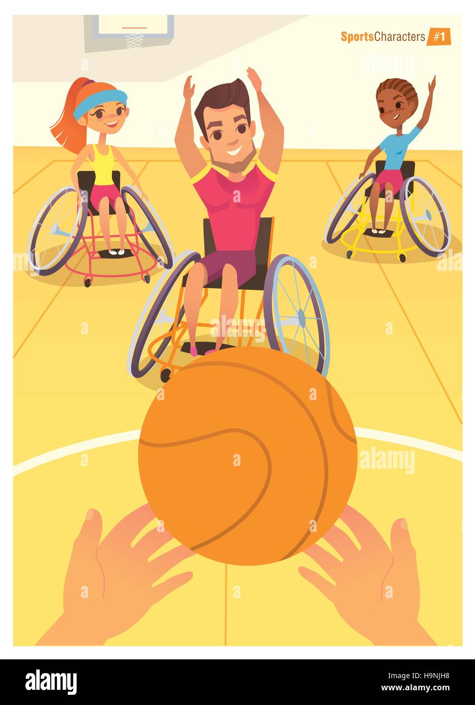 Handisport. Boys and girls in wheelchairs playing ball in a school gym. Handicap First-person view. Caring for the disabled people children. Medic Stock Vector