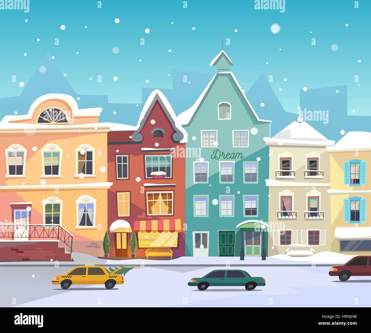 Sunny City street at Winter. Cartoon buildings. Christmas background with urban houses, boutiques, shops, grocery facade, bar door. Cars in the road a Stock Vector