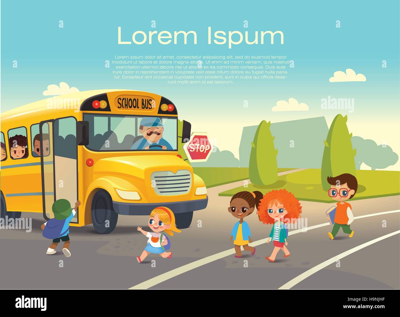 School bus stop. Back To School Safety Concept. Passing a school bus