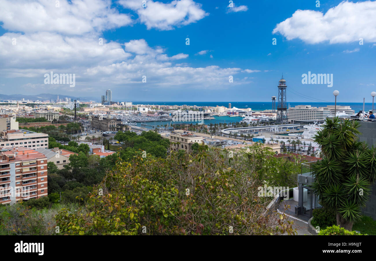 View of the city center, waterfront, and small boat harbor of Barcelona, Catalonia, Spain. Stock Photo