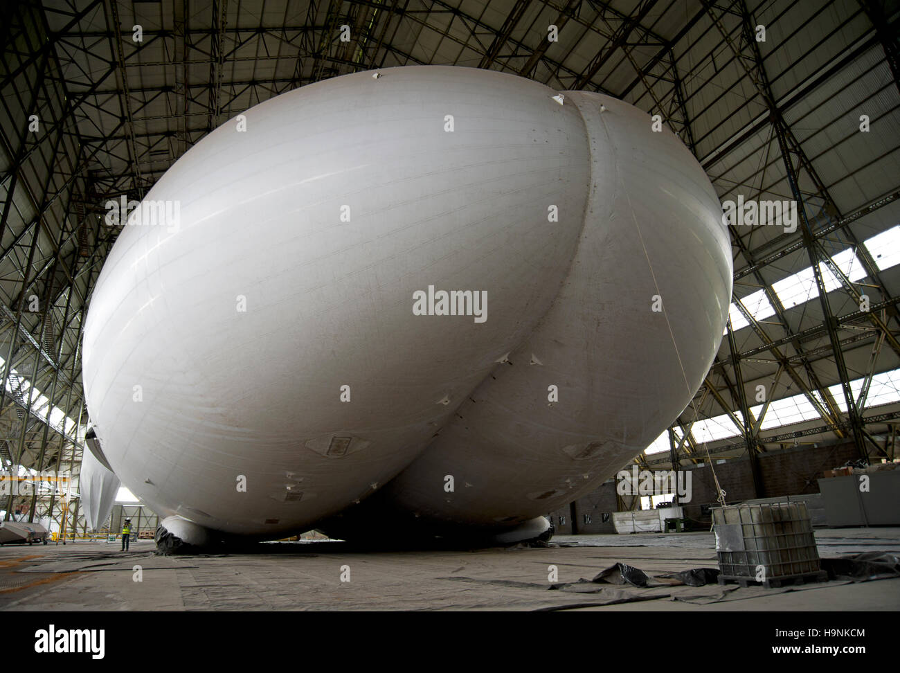 The distinctive double hull of the Hybrid Air Vehiles Airlander 10 airship, the worlds largest aircraft, in its shed at Cardington, Bedfordshire. Stock Photo