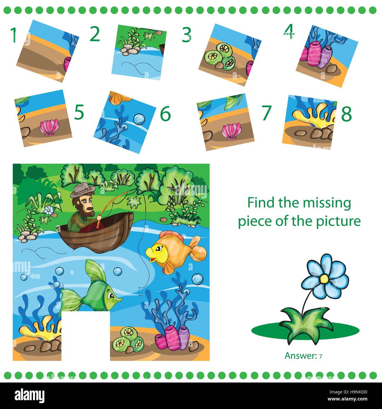 Find missing piece Fisherman catching the fish Puzzle game for