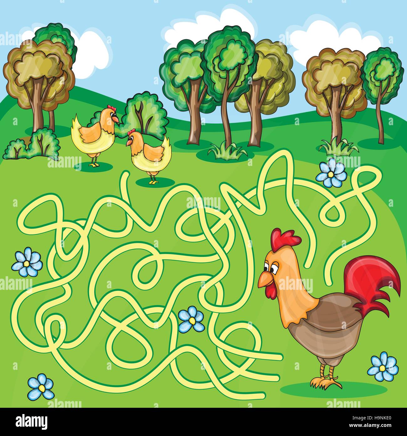 Funny Maze Game -  Cartoon Chicken Farm Style - vector Illustration Stock Vector