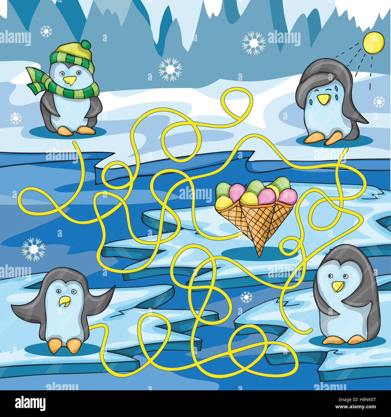 Cartoon Vector Illustration of Education Maze with Funny Penguin and ice cream Stock Vector