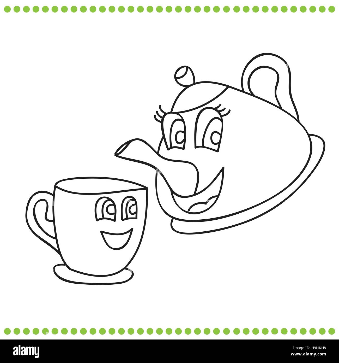 Funny teapot and cup - coloring book Vector illustration for children Stock Vector
