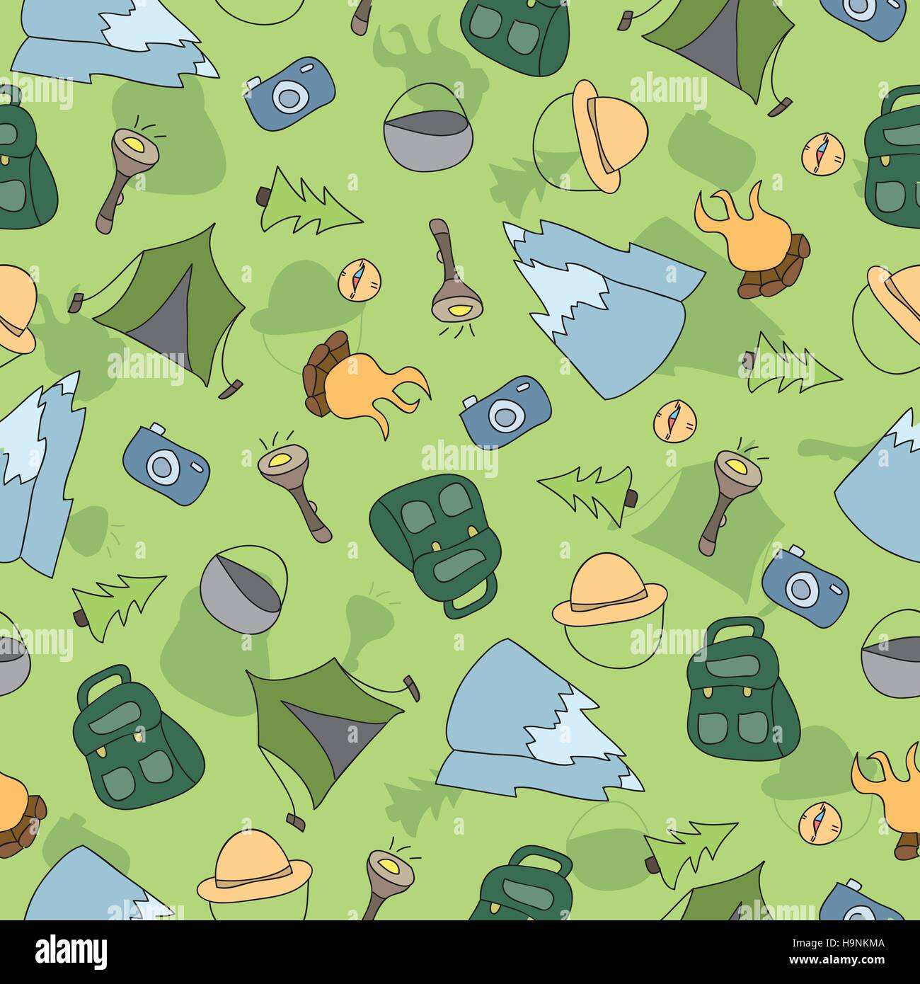 Vector seamless pattern of Camping Elements - Hand Drawn Doodle ...